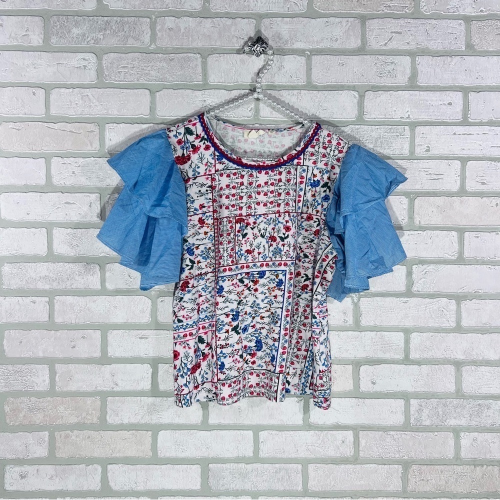 Anthropologie Let Me Be Floral Chambray Ruffle Flutter Sleeve Top Size S - Picture 4 of 10
